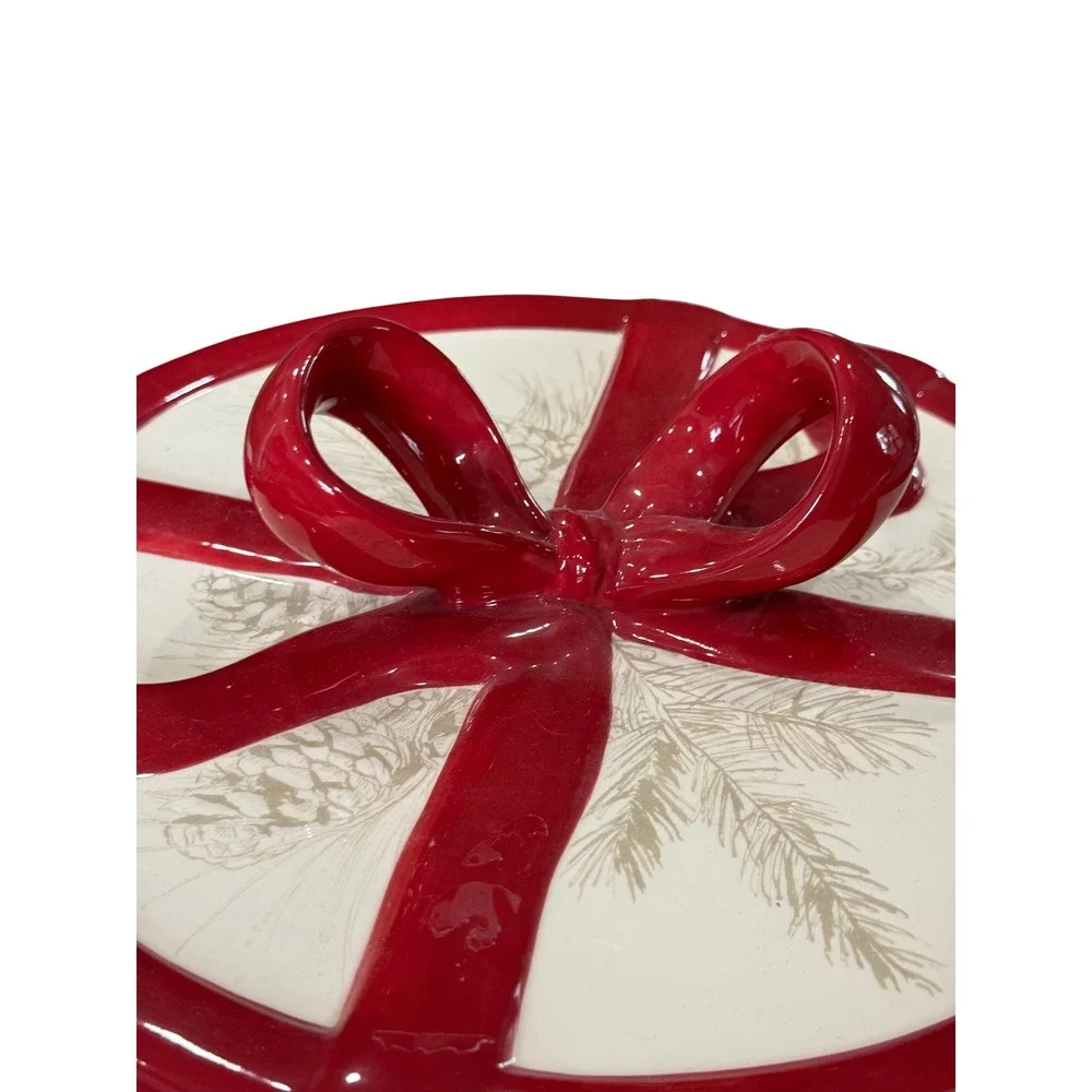 Williams Sonoma Christmas Carols Ceramic Lidded Drum Bowl Container Red Bow 2011